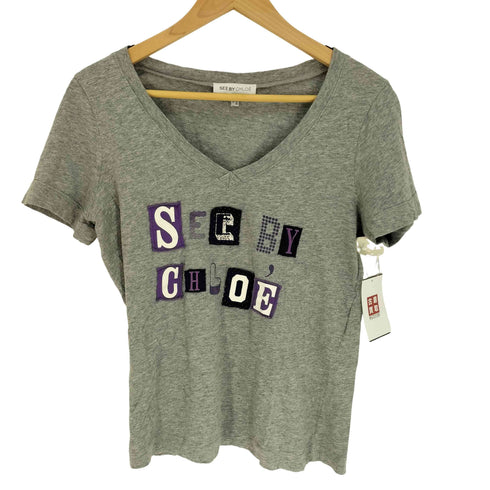 シーバイクロエ SEE BY CHLOE ロゴパッチワーク S/S Vネック Tシャツ レディース US:0-2