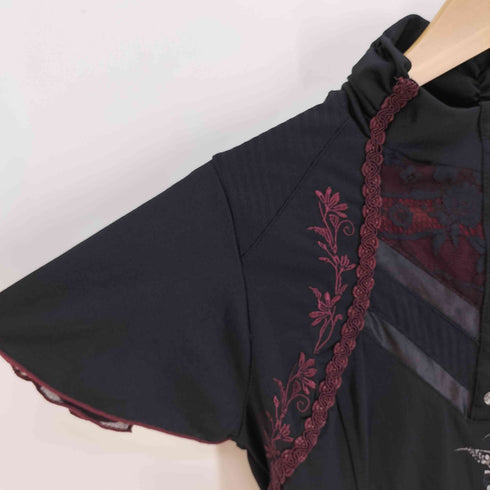 オッズオネスト OZZ ONESTE 花柄 花刻印ボタン レース アシメトリ スタンドネック ブラウス レディース