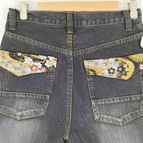 和柄刺繍 ブラックデニムパンツ メンズ