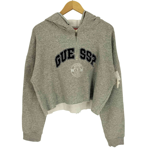 ゲス GUESS ロゴ刺繍  裏起毛 クロップド ハーフジップ プルオーバー パーカー レディース import:L
