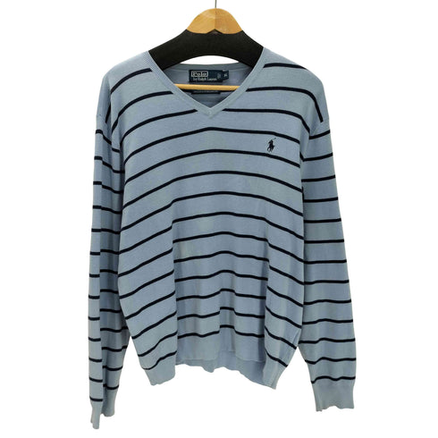 ポロバイラルフローレン Polo by RALPH LAUREN 90S ポニー刺繍 Pima Cotton ピマコットン ボーダー Vネック ニット セーター ビックサイズ メンズ import:XL