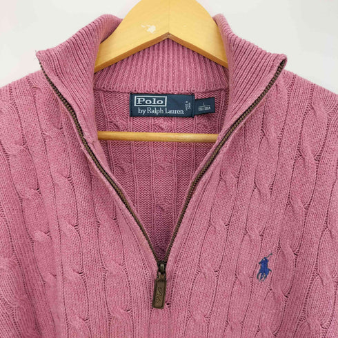 ポロバイラルフローレン Polo by RALPH LAUREN 00s ポニー刺繍 シルク100 ケーブル編み ハーフジップニット プルオーバー メンズ import:L