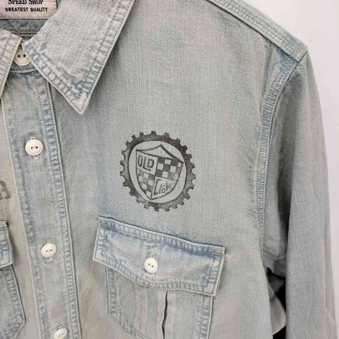 オールドクロウ OLD CROW FOUR CYL RACE L/S WORK SHIRTS ステンシルプリント フロントポケット ワーク デニム 長袖シャツ メンズ XL