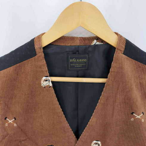 バイグラッドハンド BY GLADHAND COLLEGIATE CORDUROY NO COLLAR VEST カレッジエイト ロゴデザイン クルミボタン コーデュロイ ノーカラーベスト メンズ L
