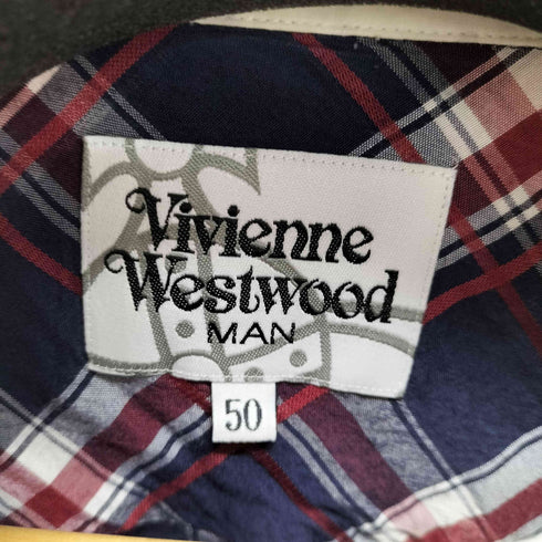 ヴィヴィアンウエストウッドマン Vivienne Westwood MAN オーブ刺繍ロゴ タータンチェック アシンメトリーシャツ メンズ 50