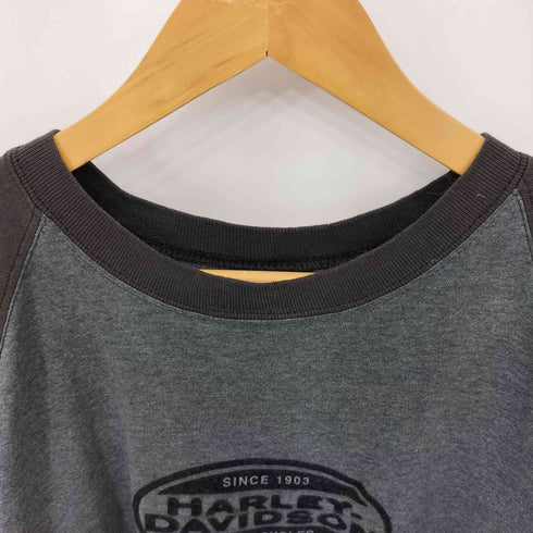 ハーレーダビッドソン HARLEY-DAVIDSON 00s USA製 ロゴフロッキープリント ラグランスリーブ クルーネック S/S Tシャツ Y2K メンズ import:XL
