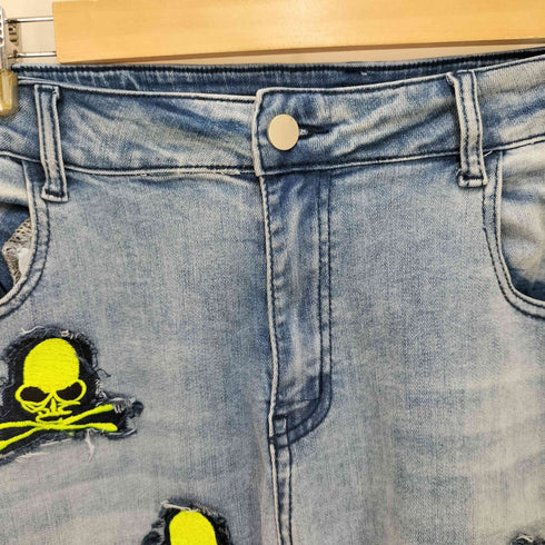 FAIR FOCUS スカル刺繍 ダメージ加工 ストレートデニムパンツ メンズ XXL