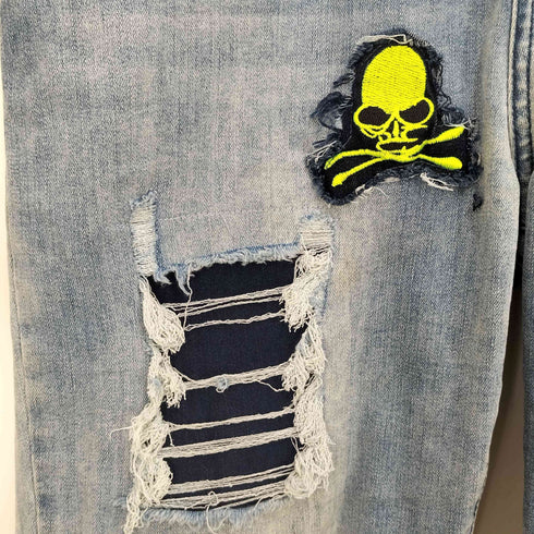 FAIR FOCUS スカル刺繍 ダメージ加工 ストレートデニムパンツ メンズ XXL