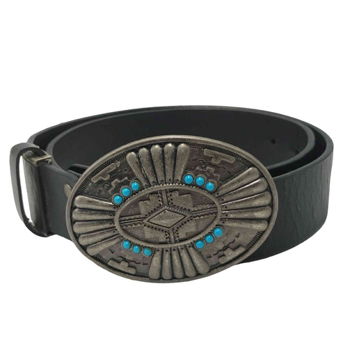 インディアン オーバル ターコイズ モチーフ バックル レザーベルト メンズ