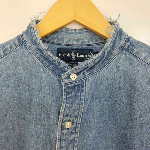 ラルフローレン RALPH LAUREN BIG SHIRT ポニー刺繍 クロップド デニム バンドカラー シャツ リメイク レディース import:L