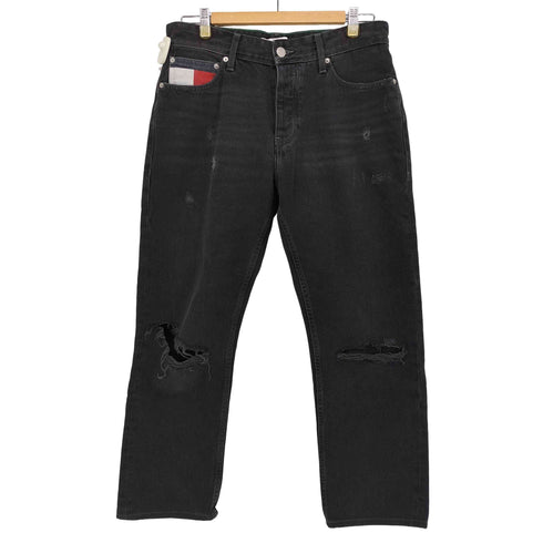 トミージーンズ tommy jeans ダメージ加工 リラックス ストレート ブラックデニム パンツ ボタンフライ メンズ US:30-31