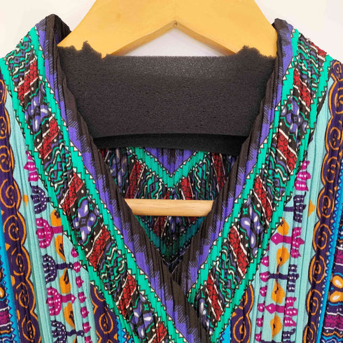 プリーツプリーズイッセイミヤケ PLEATS PLEASE ISSEY MIYAKE 民族 ダキシ総柄 七分丈 Vネックプリーツカットソー レディース JPN:3