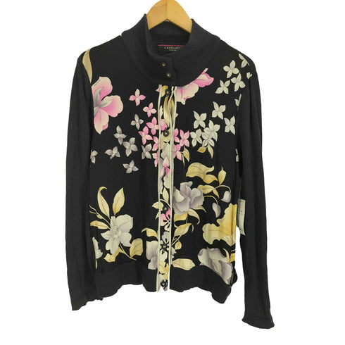 レオナール LEONARD ウールシルク 花柄プリント ニット切替 カーディガン レディース LL
