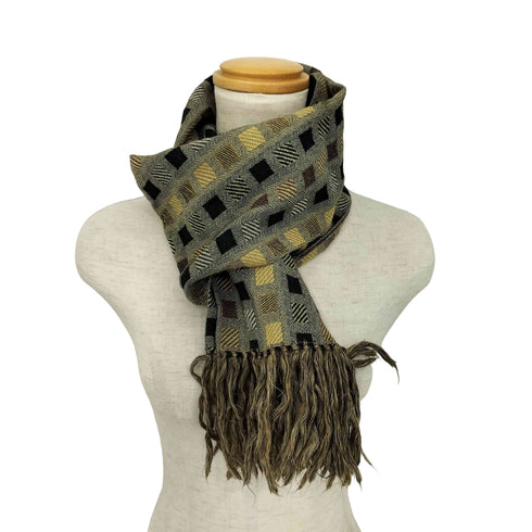 イタリア製 シルクブレンド ボックス柄 フリンジマフラー レディース