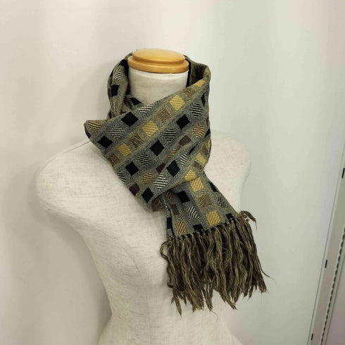 イタリア製 シルクブレンド ボックス柄 フリンジマフラー レディース