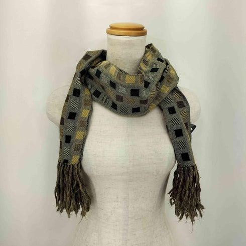 イタリア製 シルクブレンド ボックス柄 フリンジマフラー レディース