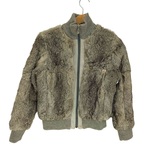 RAN DERS ラビットファー レザー 裏地チェック ニット スタンドネック ジップアップ ジャケット Y2K レディース JPN:9号