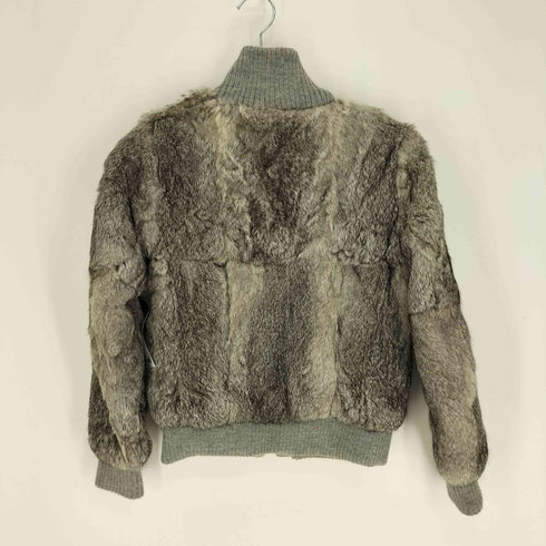 RAN DERS ラビットファー レザー 裏地チェック ニット スタンドネック ジップアップ ジャケット Y2K レディース JPN:9号