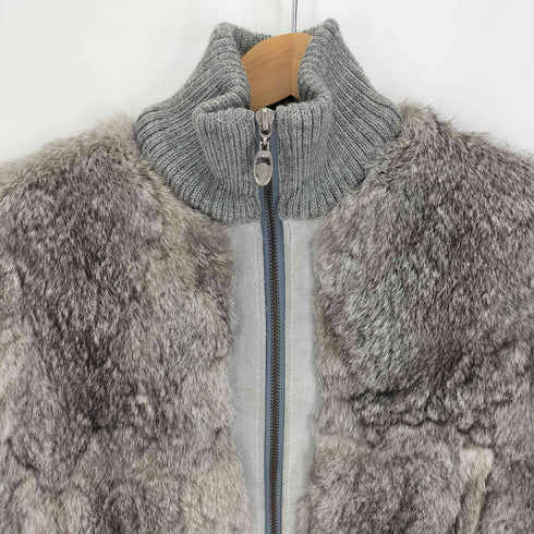 RAN DERS ラビットファー レザー 裏地チェック ニット スタンドネック ジップアップ ジャケット Y2K レディース JPN:9号