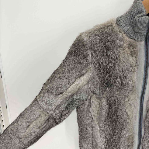 RAN DERS ラビットファー レザー 裏地チェック ニット スタンドネック ジップアップ ジャケット Y2K レディース JPN:9号