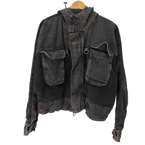 ザラ ZARA コントラストフード付きデニムジャケット 短丈 裾ドローコード メンズ import:M