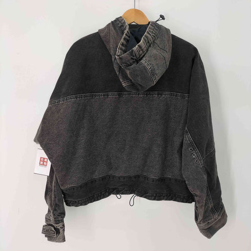 ザラ ZARA コントラストフード付きデニムジャケット 短丈 裾ドローコード メンズ import:M
