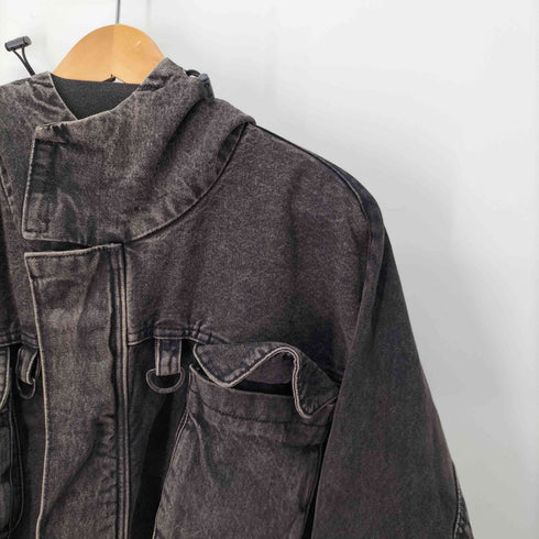ザラ ZARA コントラストフード付きデニムジャケット 短丈 裾ドローコード メンズ import:M