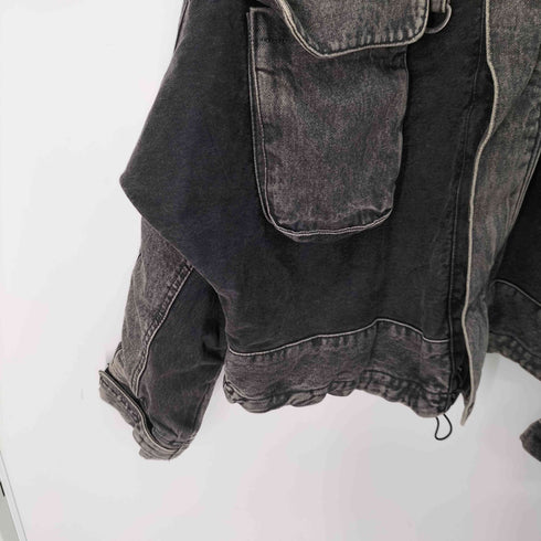 ザラ ZARA コントラストフード付きデニムジャケット 短丈 裾ドローコード メンズ import:M
