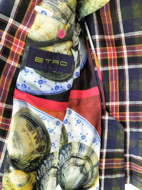 エトロ ETRO イタリア製 裏地シルク総柄 背抜き リネン コットン 2B チェック テーラード ジャケット メンズ EUR:44