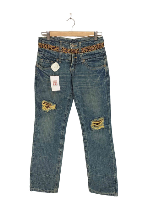 フェイクレイヤード レオパードデザインデニムパンツ Y2K レディース W58