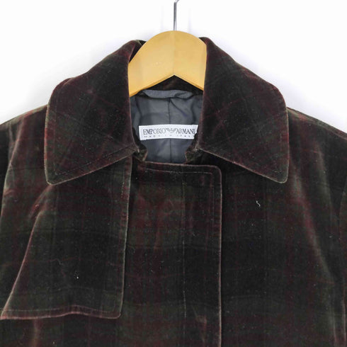 エンポリオアルマーニ EMPORIO ARMANI 90S アーカイブ イタリア製 チェック スナップ ガンフラップ ベロアロングコート レディース EUR:40