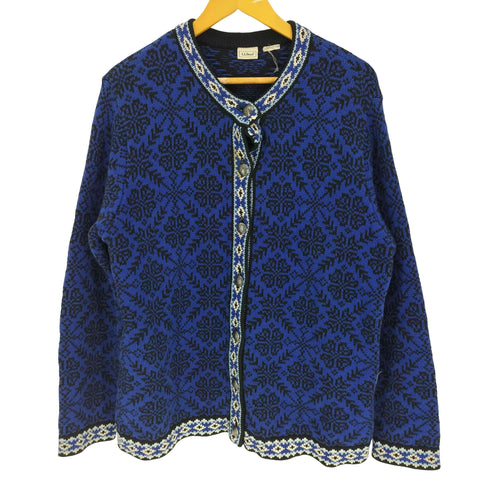 エルエルビーン L.L.Bean 総柄 雪 メタルボタン ノルディック ニットカーディガン チロリアン レディース