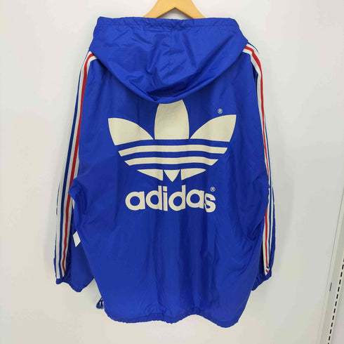 アディダス adidas 80-90S デサント製 トレフォイル ロゴプリント 3ストライプ ナイロン プルオーバー フーディ メンズ import:L