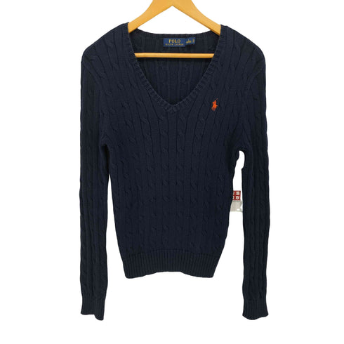 ポロバイラルフローレン Polo by RALPH LAUREN 90S ポニー Vネック コットン ケーブル ニット セーター レディース import:S