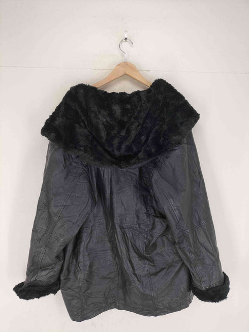 リアルレザーファー切替ショールカラーフーディーコート レディース 2X