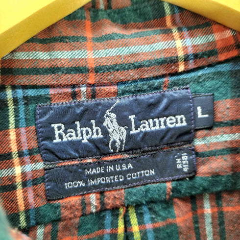 ラルフローレン RALPH LAUREN USA製 IMPORTED COTTON ポニー 刺繍 タータンチェック シャモア L/S シャツ メンズ import:L