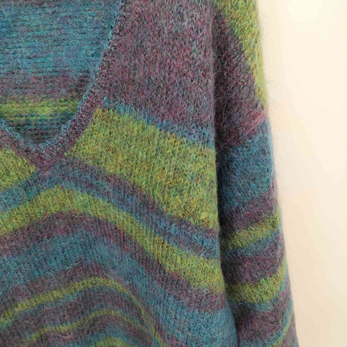 THE LIMITED mohair70 Vネック マルチカラーボーダー クルーネック シャギーニット ワンピース セーター レディース L