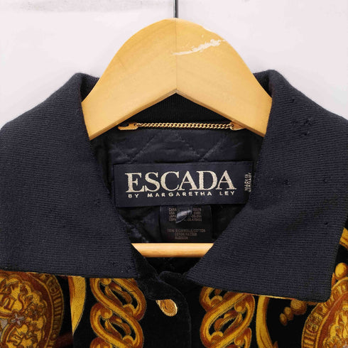 エスカーダ ESCADA 80-90S MARGARETHA LEY ドイツ製 裏地キルティング 肩パッド 総柄 ベルデッド ベロア シャツ ジャケット レディース EUR:38