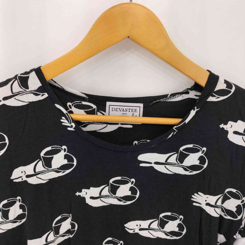 DEVASTEE コーヒー総柄 クルーネック半袖Tシャツ カットソー メンズ M
