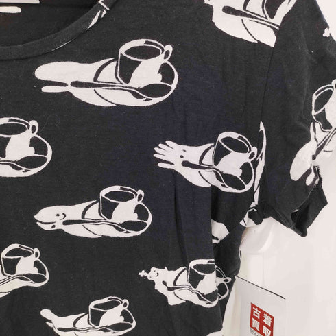 DEVASTEE コーヒー総柄 クルーネック半袖Tシャツ カットソー メンズ M