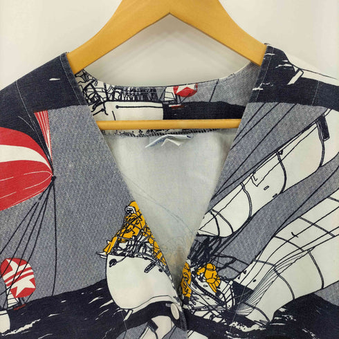 MICHIGAN RAG CO USA製 総柄 海デザイン コットン ノーカラージャケット メンズ XL