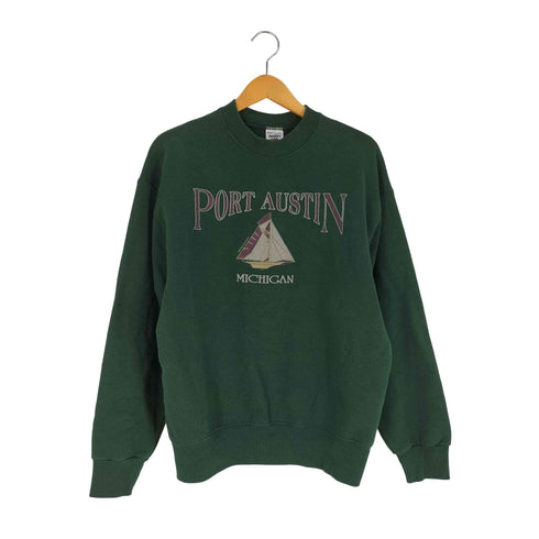 フルーツオブザルーム FRUIT OF THE LOOM 90~00s USA製 PORT AUSTIN MICHIGAN エンボスプリント クルーネック スウェット メンズ import:L