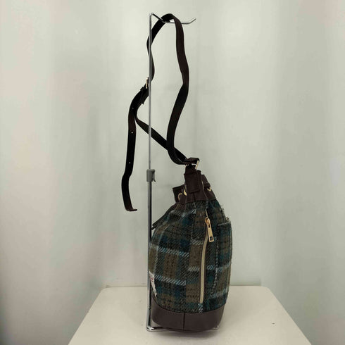ハリスツイード Harris Tweed ウールメルトン チェック柄 レザースリングバッグ 巾着 レディース