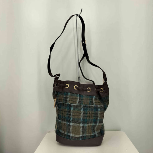 ハリスツイード Harris Tweed ウールメルトン チェック柄 レザースリングバッグ 巾着 レディース