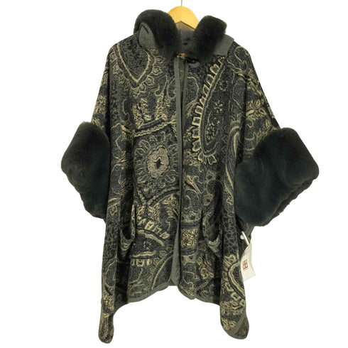 ファー付き 総柄ポンチョ レディース