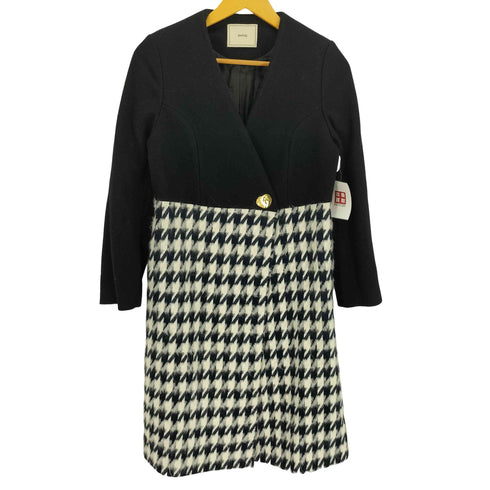 AWFULLY 千鳥格子 モヘア ウール ノーカラー ロング コート レディース FREE