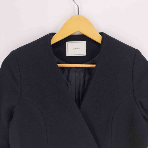 AWFULLY 千鳥格子 モヘア ウール ノーカラー ロング コート レディース FREE