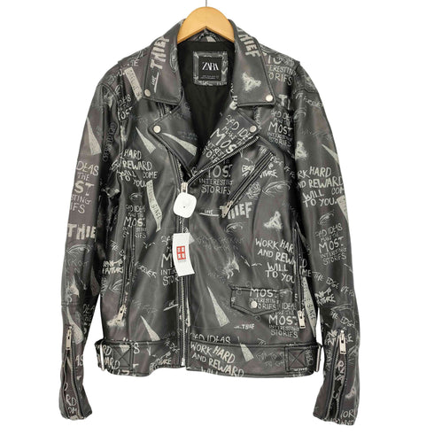ザラ ZARA グラフィティー レザーダブルライダースジャケット メンズ import:XL