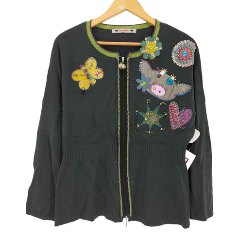 アルベロベロ OLLEBOREBLA オレボレブラ ブタさん スパンコール アップリケ ビジュー装飾 カシミヤ混 ダブルジップ カーディガン レディース