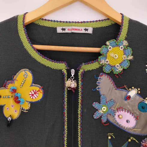 アルベロベロ OLLEBOREBLA オレボレブラ ブタさん スパンコール アップリケ ビジュー装飾 カシミヤ混 ダブルジップ カーディガン レディース